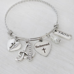Redeemed Bangle Bracelet, Christian Jewelry- Faith Jewelry- Cross-Expandable Personalized Bangle, Religious Gift
