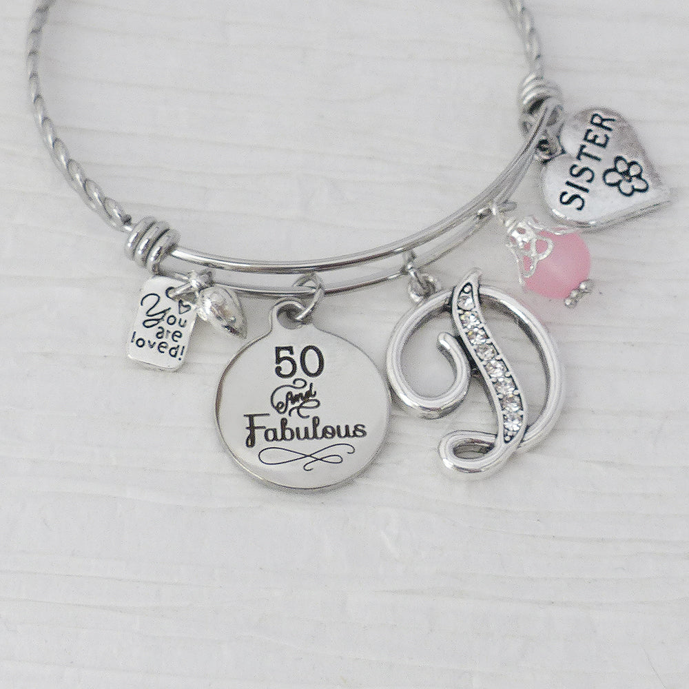 Sister 50th Birthday, Sister Bracelet- Personalized Sister Birthday, 50 and Fabulous, 50th Birthday