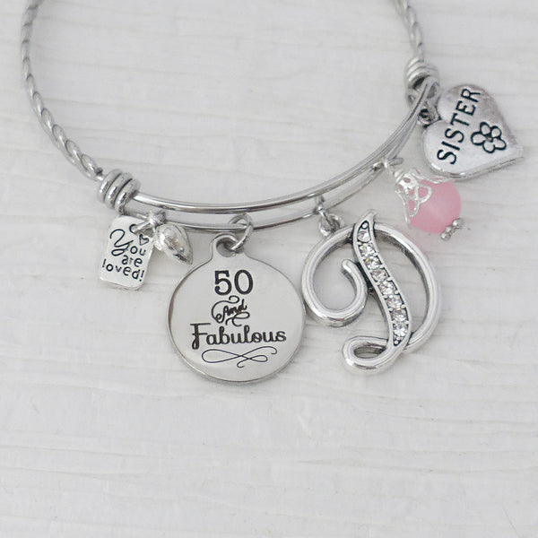 Sister 50th Birthday, Sister Bracelet- Personalized Sister Birthday, 50 and Fabulous, 50th Birthday