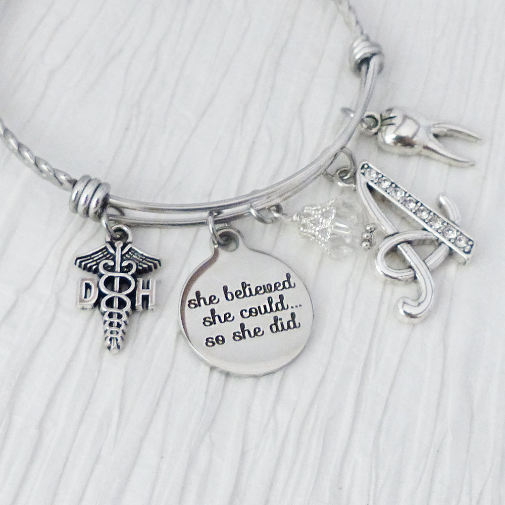 Dental Hygienist Gifts, She Believed she could so she did, Dental Hygiene Jewelry, Tooth -Jewelry- New Grad Gift, College,Graduate, DH Bangle