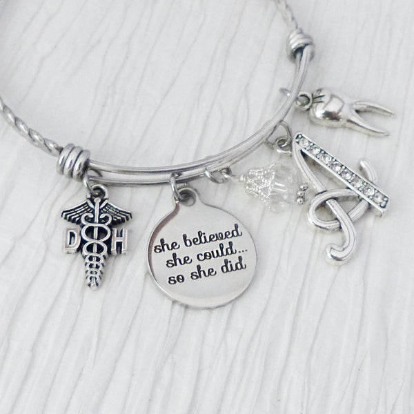 Dental Hygienist Gifts, She Believed she could so she did, Dental Hygiene Jewelry, Tooth -Jewelry- New Grad Gift, College,Graduate, DH Bangle