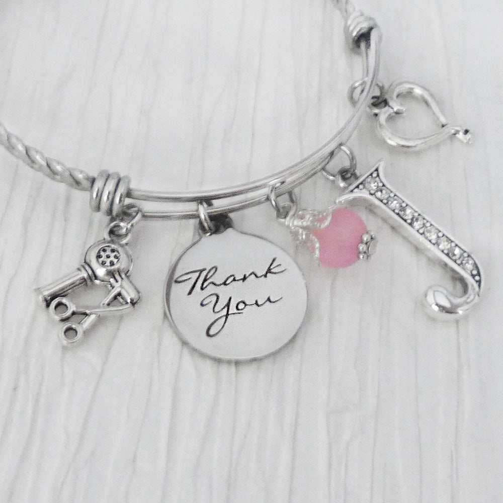 Hair Dresser GIFT for Women,  Personalized Bangle Bracelet, Thank you gift for Hair Dresser, Blow Dryer, Scissors, Heart Charm, Hair Stylist Jewelry