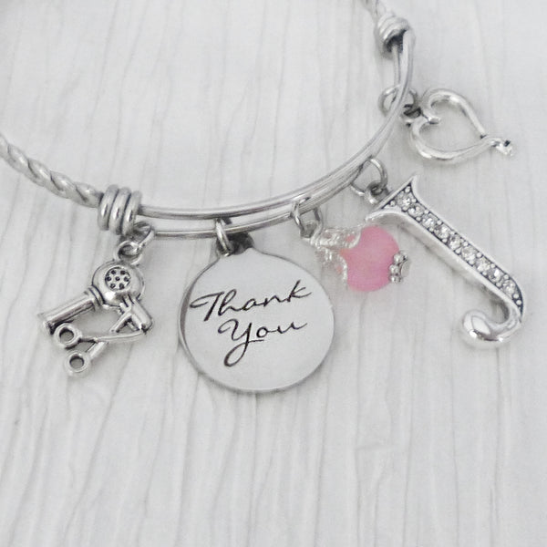 Hair Dresser GIFT for Women,  Personalized Bangle Bracelet, Thank you gift for Hair Dresser, Blow Dryer, Scissors, Heart Charm, Hair Stylist Jewelry
