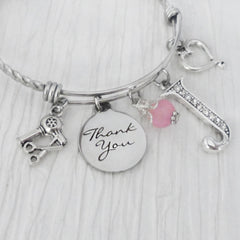 Hair Dresser GIFT for Women,  Personalized Bangle Bracelet, Thank you gift for Hair Dresser, Blow Dryer, Scissors, Heart Charm, Hair Stylist Jewelry