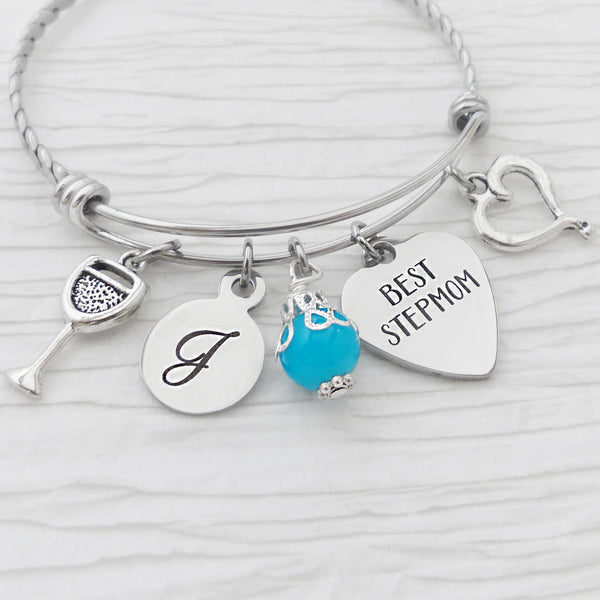 Step Mom Bracelet, Stepmother Wine Jewelry, Personalized Bangle Bracelet, Best Stepmom, Heart, Wine