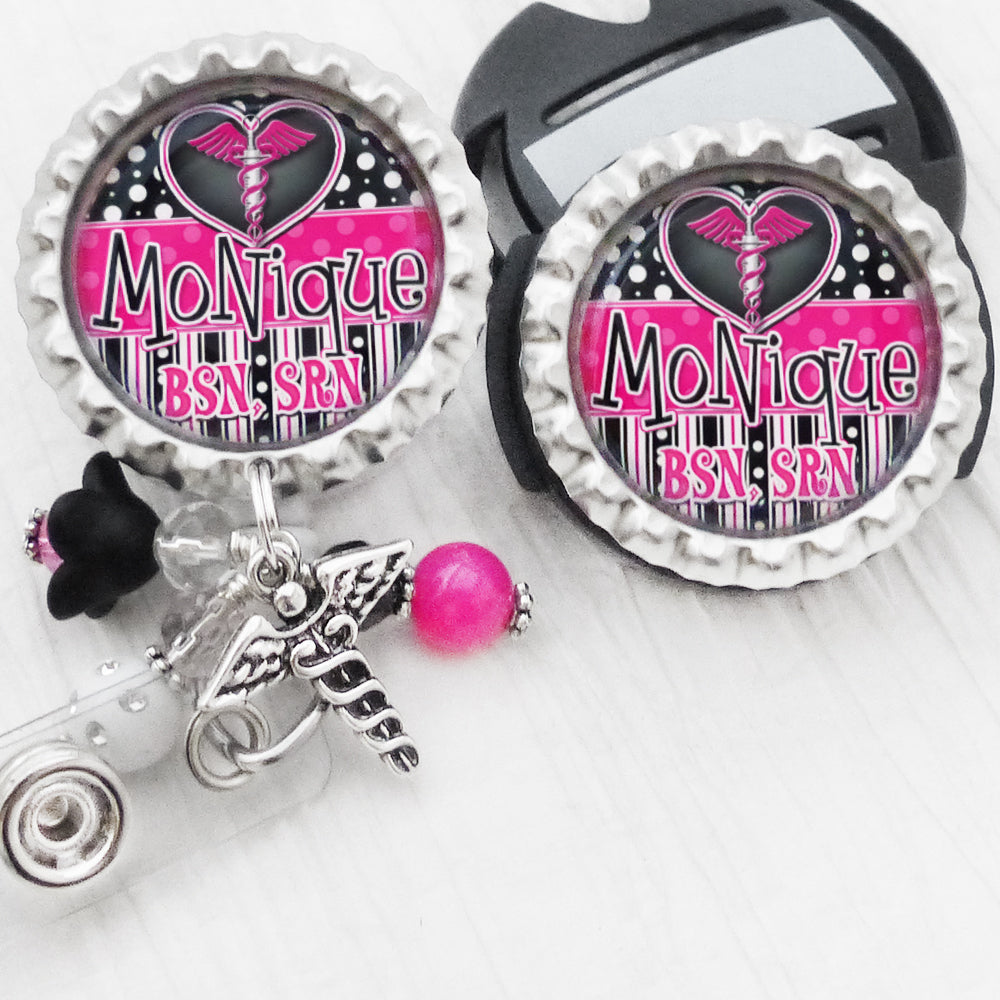 RN Badge Reel with matching Stethoscope ID name tag, Personalized ID Badges for Nurses, NP, BSN, CNA, Retractable Holder with Name and Title