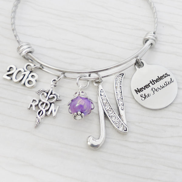 RN Graduation Gift, RN Graduate, Nevertheless She Persisted, Purple Rn jewelry gifts, Bangle Bracelet-Jewelry,College Grad Gift,Nurse Gift