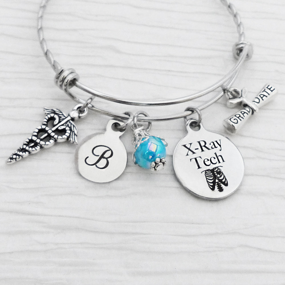 X-ray Tech Gift, Personalized Initial charm Bangle Bracelet, Graduation Gifts, Medical-Jewelry, College Grad Gifts,Graduation, Medical Charm