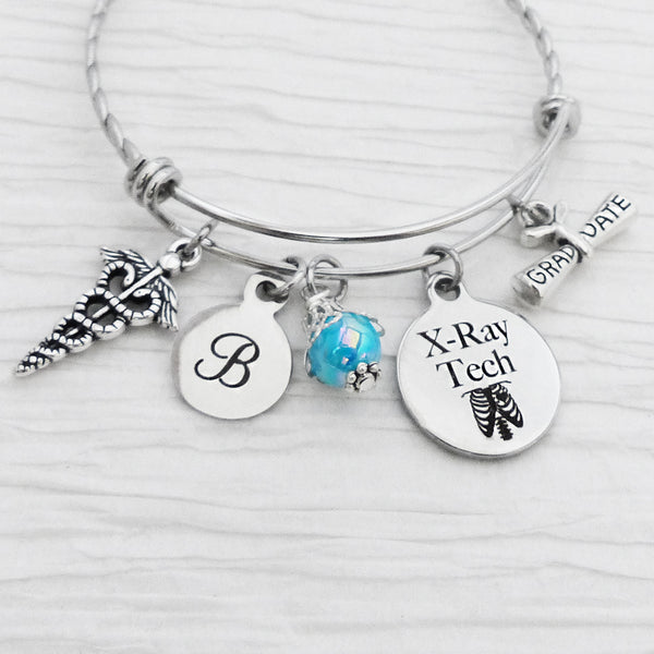 X-ray Tech Gift, Personalized Initial charm Bangle Bracelet, Graduation Gifts, Medical-Jewelry, College Grad Gifts,Graduation, Medical Charm