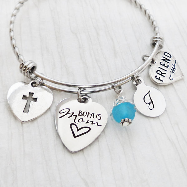 Bonus Mom Gift-Bonus Mom Bracelet, Step Mom Gift- Cross Charm-Friend Charm, Personalized Step Mother
