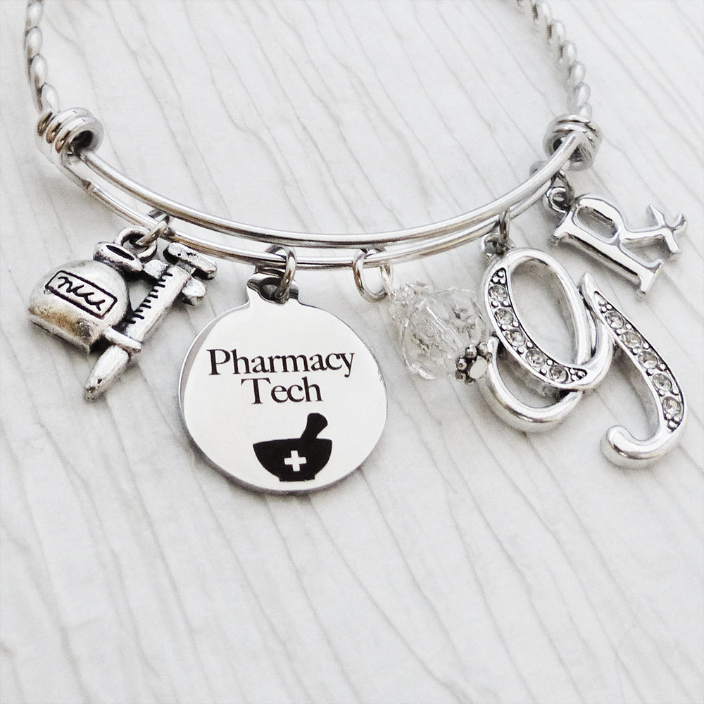 Personalized Pharmacy Technician Gifts, Pharmacy Bangle Bracelet, Graduation Gifts, Medical-Jewelry, College Graduation, Rx charm, Tech