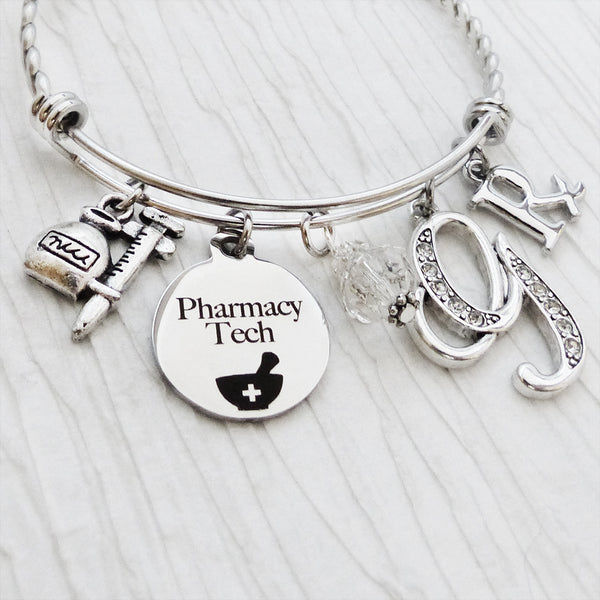 Personalized Pharmacy Technician Gifts, Pharmacy Bangle Bracelet, Graduation Gifts, Medical-Jewelry, College Graduation, Rx charm, Tech