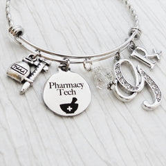 Personalized Pharmacy Technician Gifts, Pharmacy Bangle Bracelet, Graduation Gifts, Medical-Jewelry, College Graduation, Rx charm, Tech