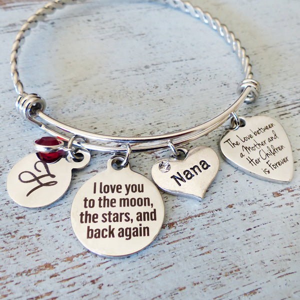 Mom Grandma Gift, The love between a mother and her children is forever, Personalized Bangle- I love you to the moon Bracelet, Birthstone
