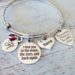 Mom Grandma Gift, The love between a mother and her children is forever, Personalized Bangle- I love you to the moon Bracelet, Birthstone