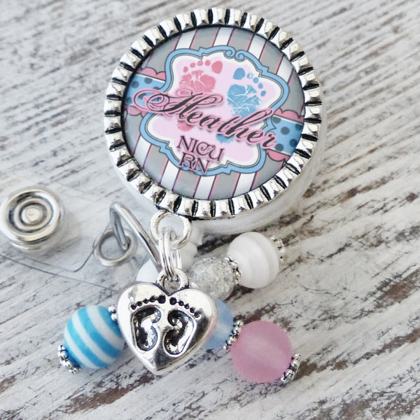 Footprint Badge Reel, Personalized Badges for Nurses, NICU RN, Postpartum ID Badge Pull, Pink Blue, Grey