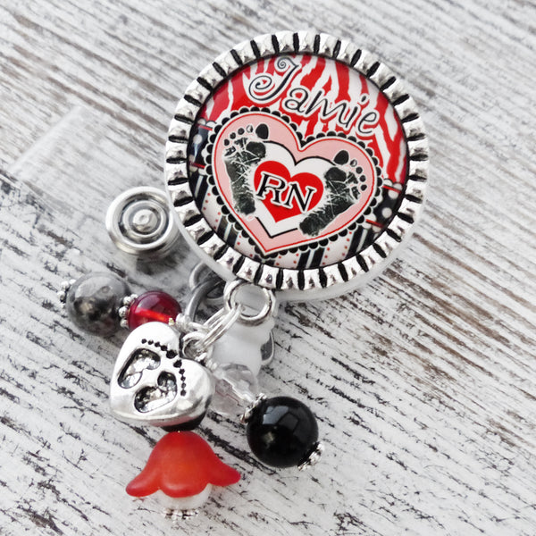 Personalized RN Badge Reel, ID Badge Holder for Nurses, OB, Postpartum, L&D, NICU, Baby Footprints-Retractable Badge Reels, Custom RN Gifts Graduation