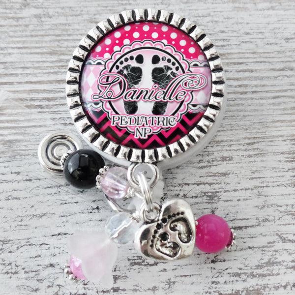 Personalized Pediatric NP Badge Holder-OB-Postpartum-L&D-NICU, Baby Footprints, ID Badge Pull, Pink Black, Retractable Badge Reel for Nurses-RN Gifts