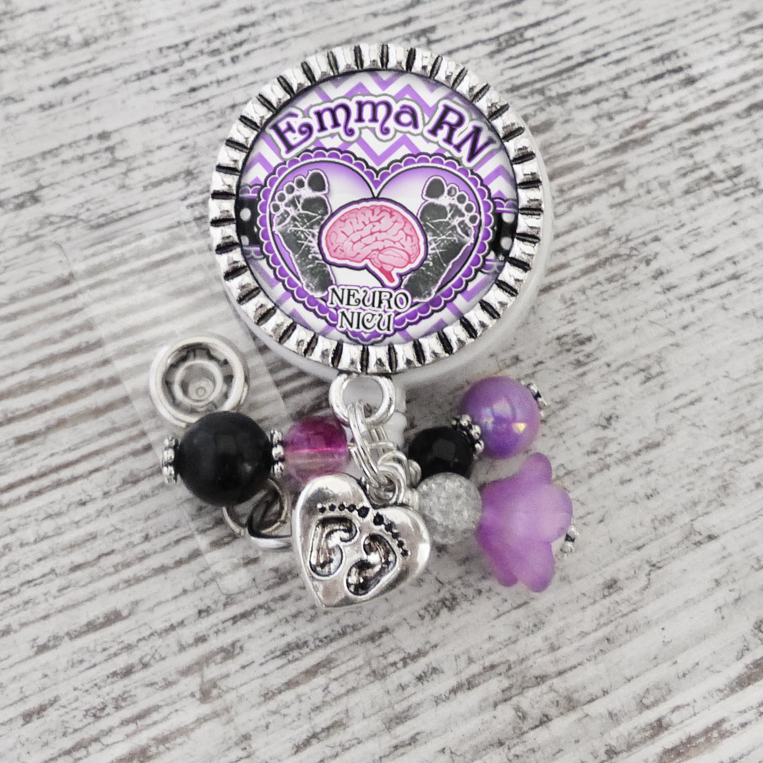 Personalized RN Neuro NICU Badge Holder with Baby Footprints, NICU RN, Brain, ID Badge Pull, Retractable Badge Reel for Nurses, RN Graduation Gifts