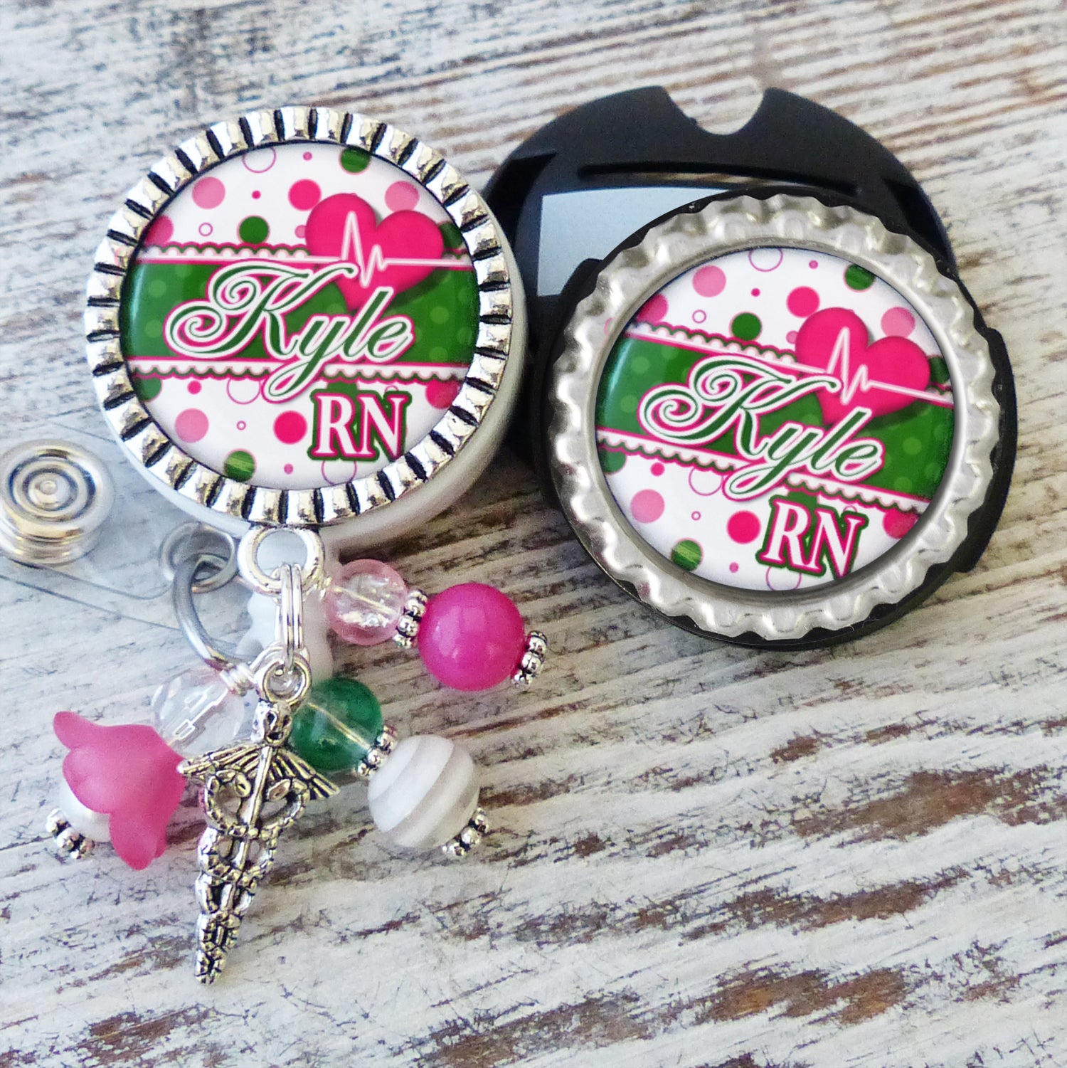 Cardiac RN Badge Holder with matching Stethoscope Name tag set, Personalized ID Badges for Nurses, Retractable Holder with Name and Title