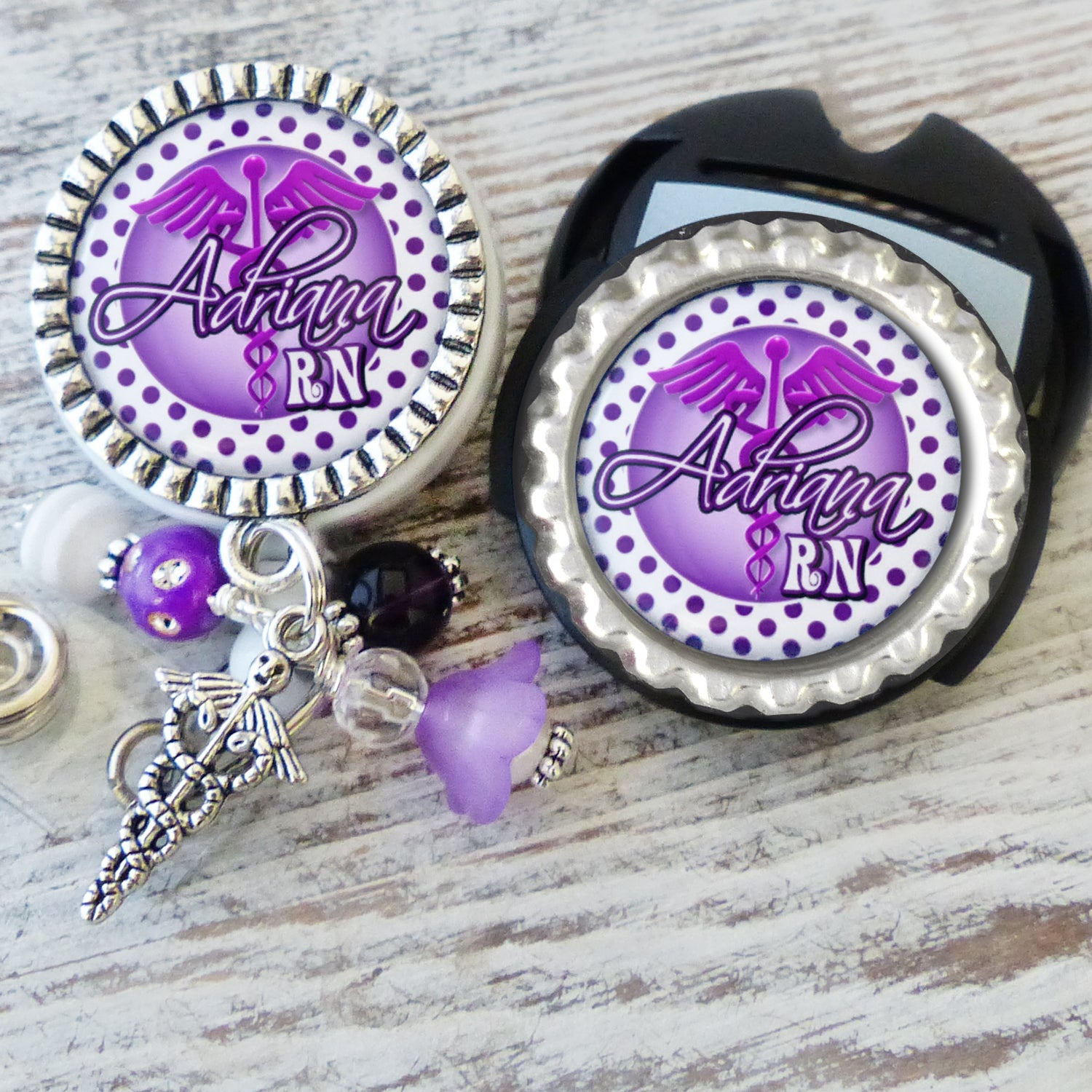 RN Badge Reel with matching Stethoscope Name Tag Set, Personalized ID Badges for Nurses, Polka-dots, Retractable Holder with Name, Hospital Nurse