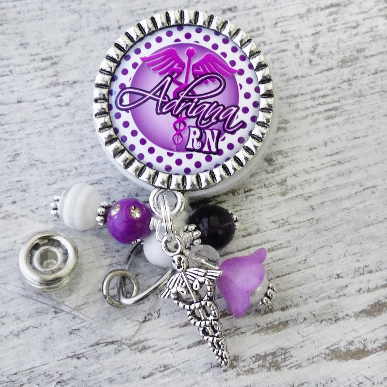 RN Badge Reel, Personalized ID Badges for Nurses, Polka-dots, NP, BSN, CNA, Retractable Holder with Name and Title