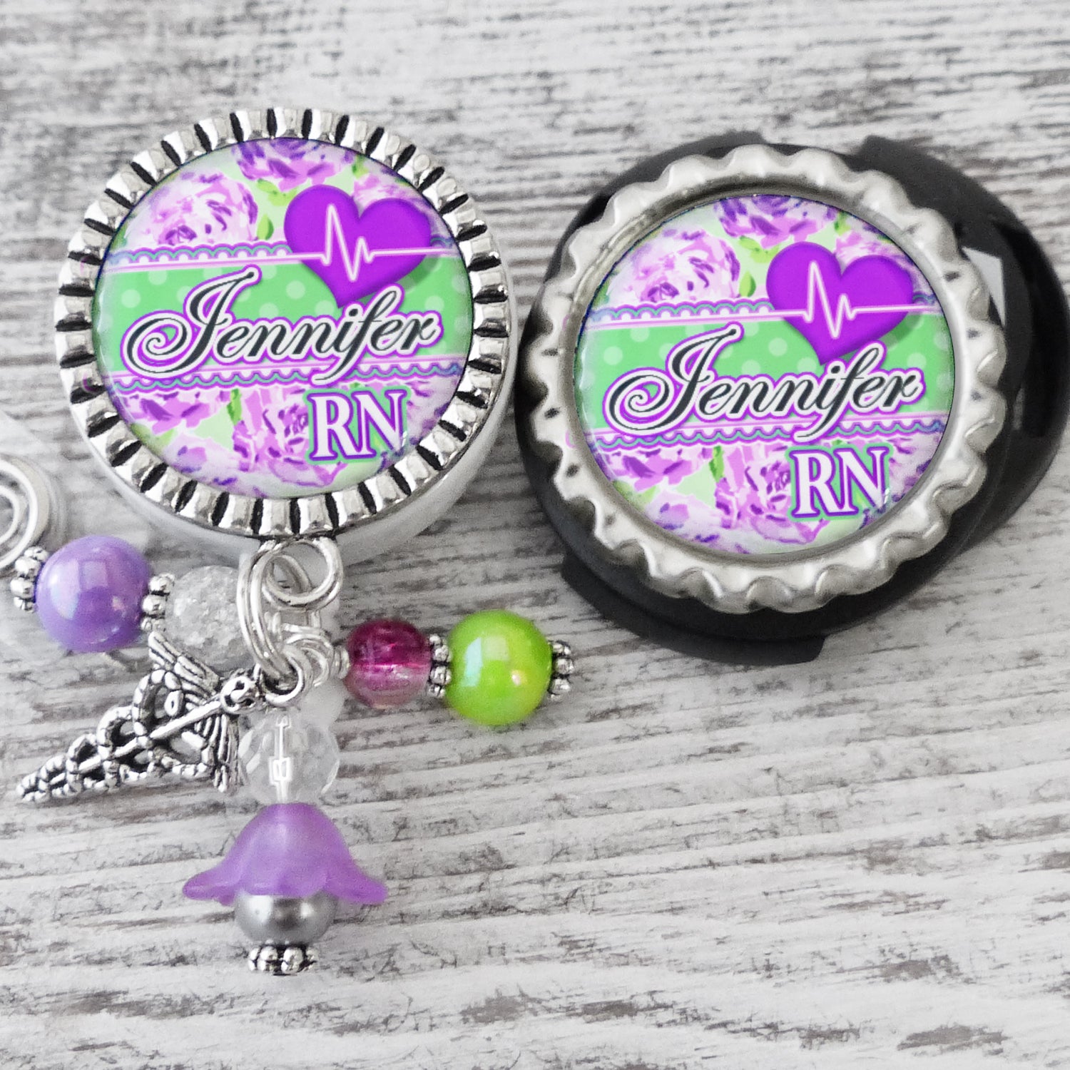 Floral Cardiac RN Badge Holder with matching Stethoscope Name Tag Set, Personalized ID Badges for Nurses, Retractable Holder with Name and Title