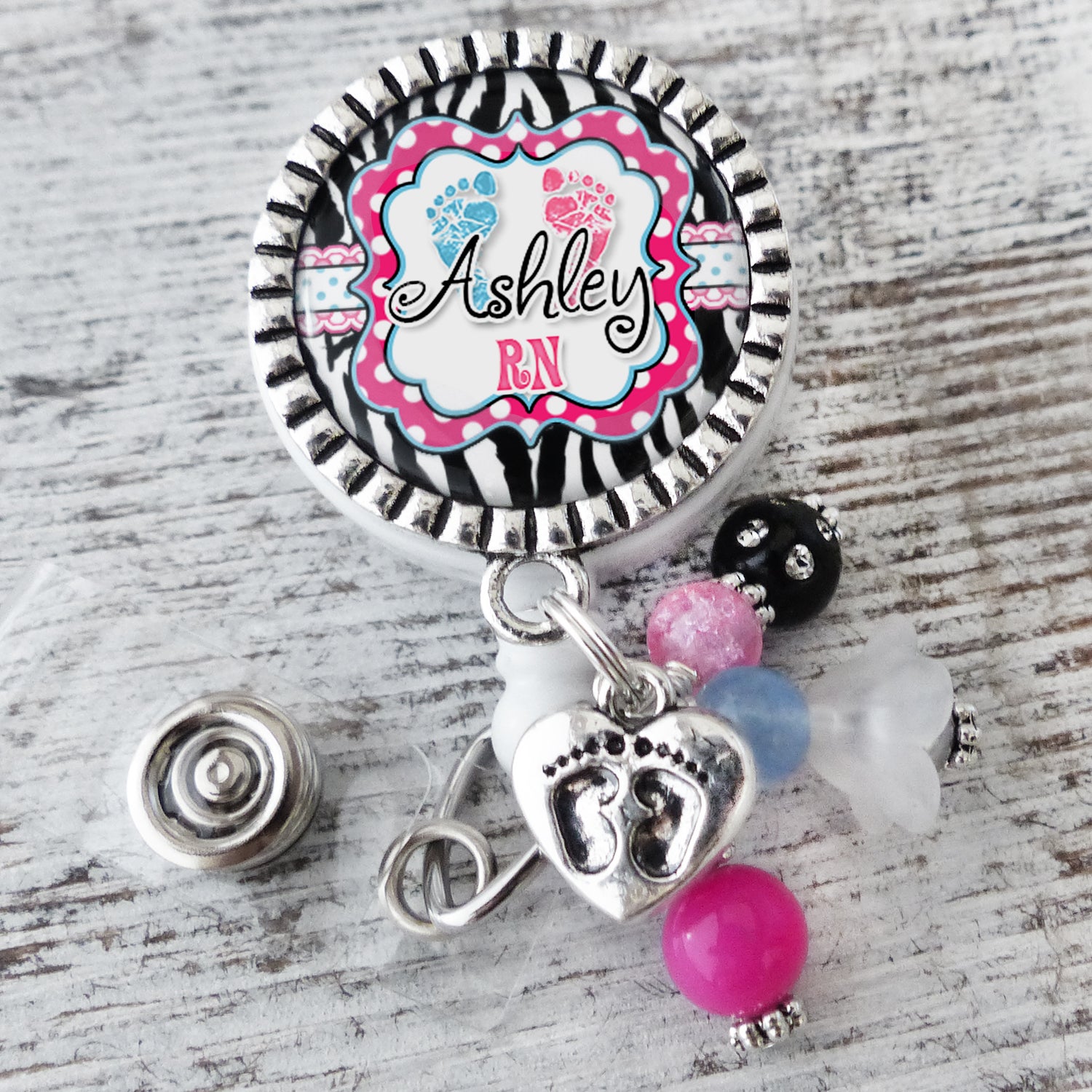Personalized RN Footprint Badge Holder, OB, Postpartum, L&D, NICU, Baby Footprints-ID Badge Pull-Badge Reel for Nurses-RN Gifts-Graduation Gift for RN