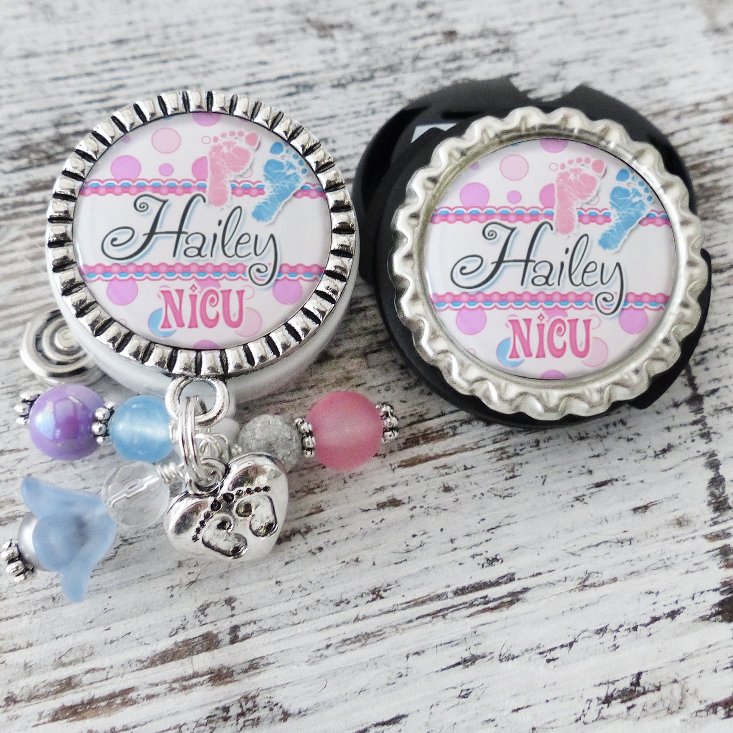 NICU Footprint Badge Reel with matching Stethoscope Name tag set, Personalized RN Badge Holder with Footprint charm, ID Badge Pull