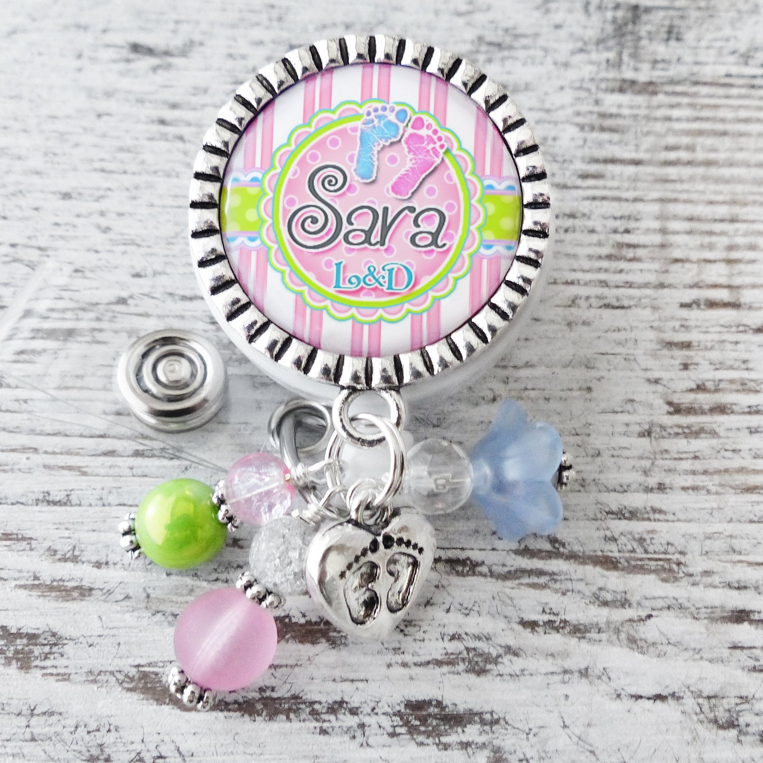 L&D Footprint Badge Reel, Personalized Badges for Nurses, NICU RN, Postpartum ID Badge Pull