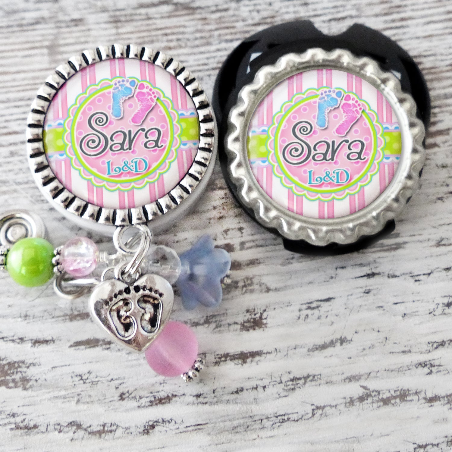 L&D Footprint Badge Reel with matching Stethoscope name tag set, Personalized Badges for Nurses, NICU RN, Postpartum ID Badge Pull
