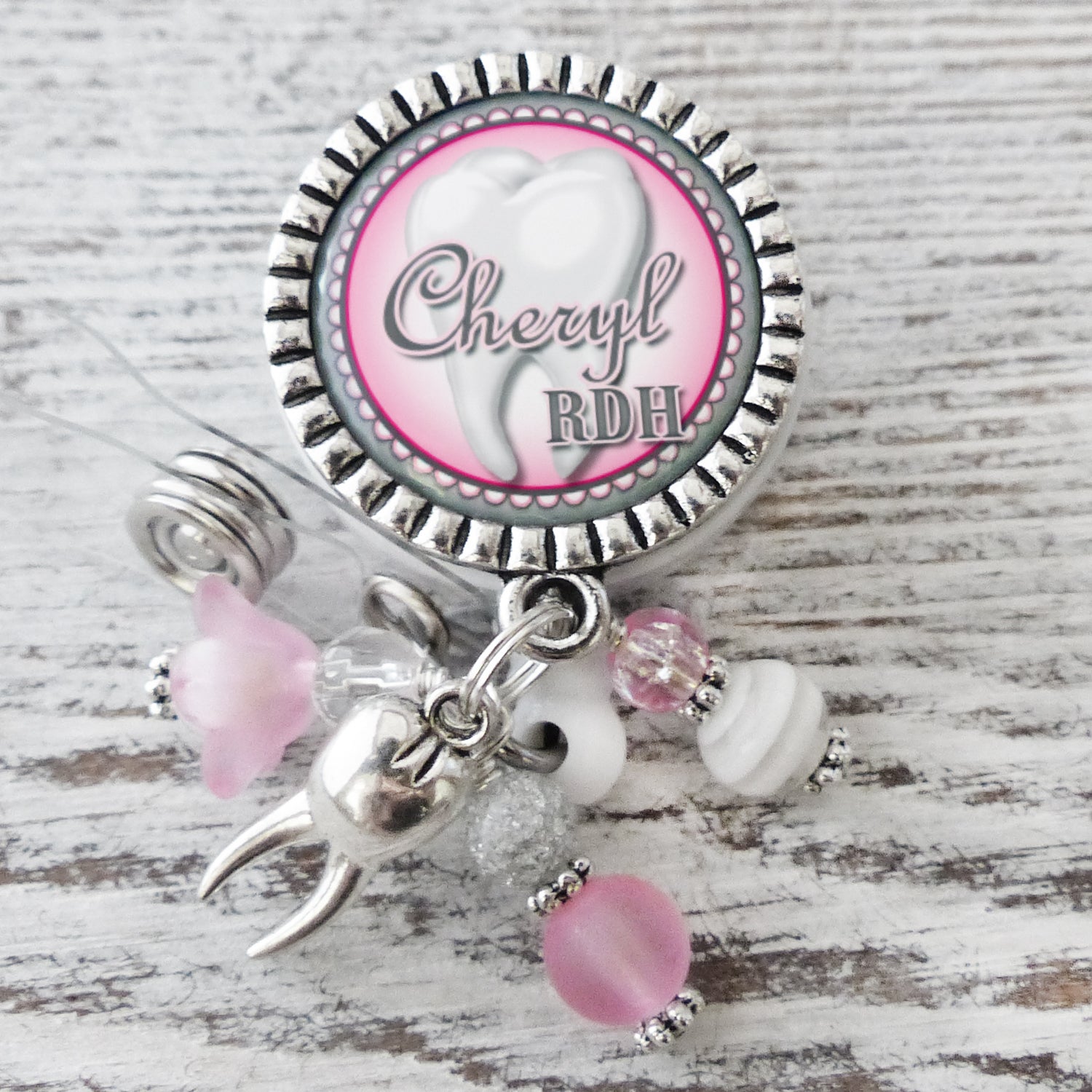 Dental Hygienist Badge Reel, Personalized ID Badges for Dentist, Retractable Holder with Name and Title