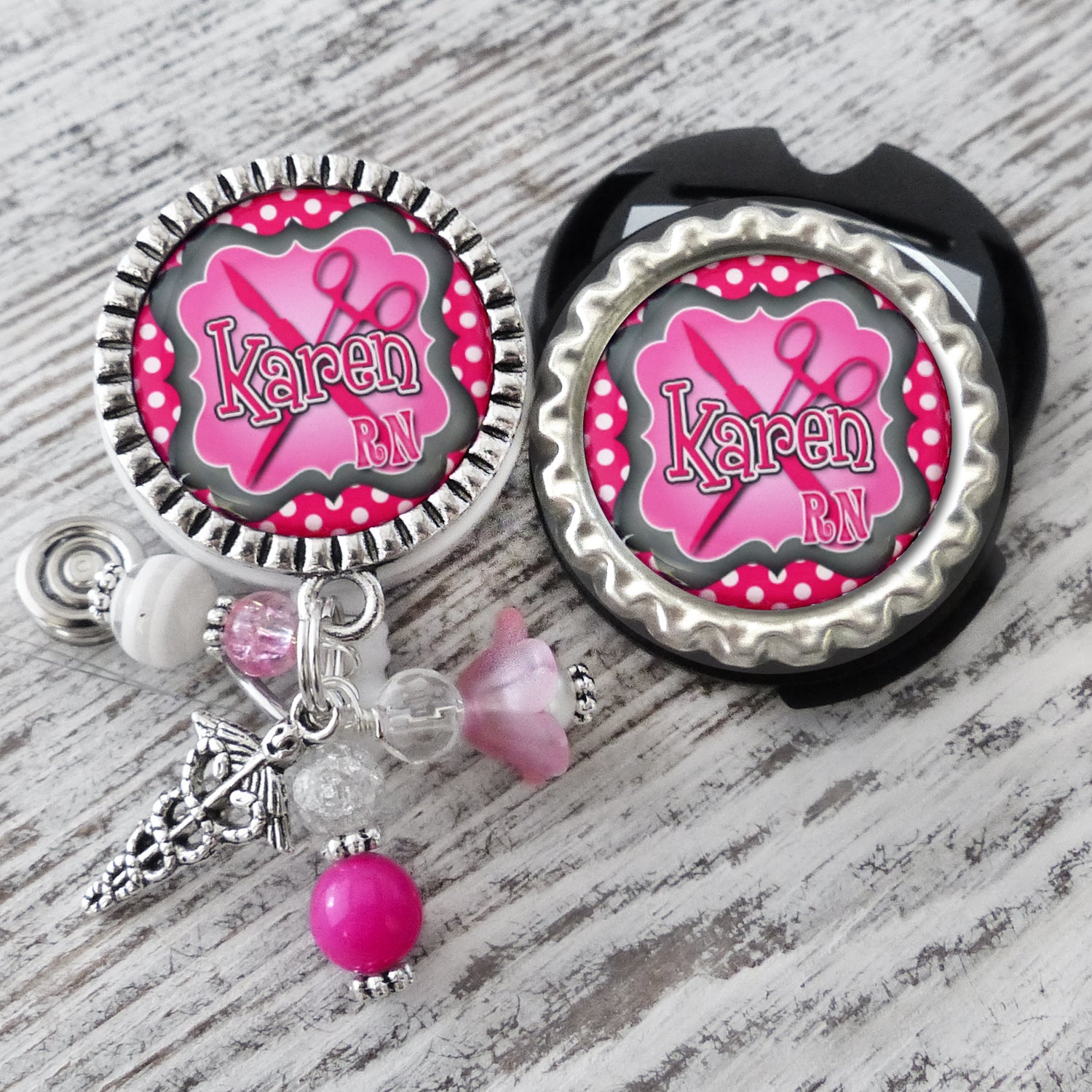 Surgical Tech Badge Reel with matching Stethoscope Name Tag Set, Surgical Technicians, Scissors Scalpel, Polka-dots, ST Badge
