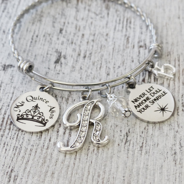 Quinceanera GIFT, 15th Birthday Gift, Never let anyone dull your sparkle, Personalized Bangle Bracelet- Mis Quince Anos, Jewelry- Crown, Number 15
