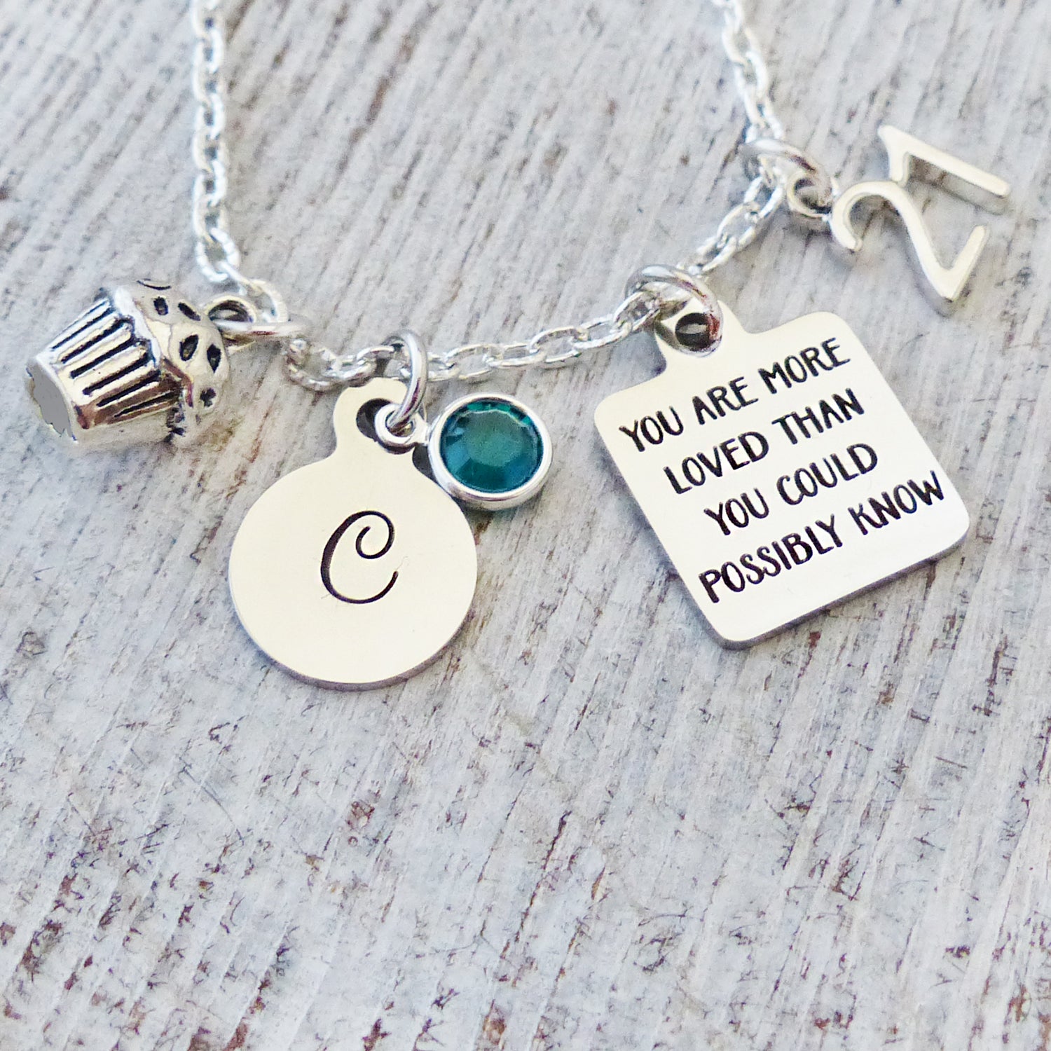 custom 21st birthday necklace with you are more loved than you could possible know charm, custom letter charm with birthstone and cupcake charm