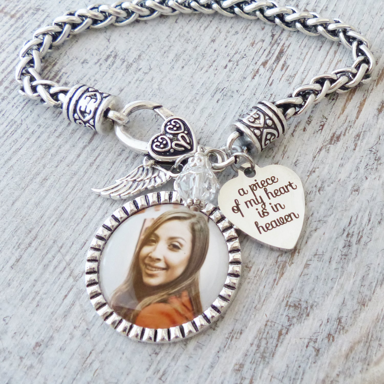 Custom photo memorial bracelet A piece of my heart is in heaven with angel wing charm.