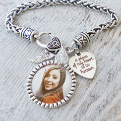 Custom photo memorial bracelet A piece of my heart is in heaven with angel wing charm.