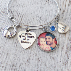 loss of a loved one memorial bangle bracelet with a piece of my heart is in heaven charm-an angel wing charm, dad charm, custom birthstone charm and custom photograph pendant