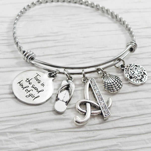 Personalized Toes in the Sand BRACELET- Beach Theme Gift, Flip Flop, Shell, Sand dollar