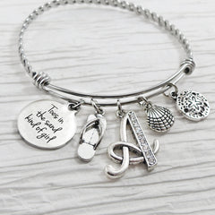 Personalized Toes in the Sand BRACELET- Beach Theme Gift, Flip Flop, Shell, Sand dollar