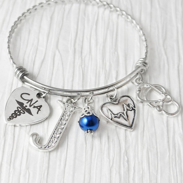 Medical Bracelet, Personalized Initial charm Bangle Bracelet, CNA, RN, Nurse Practitioner, Medical Bracelet,-Jewelry, College, Stethoscope