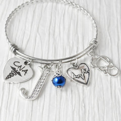 Medical Bracelet, Personalized Initial charm Bangle Bracelet, CNA, RN, Nurse Practitioner, Medical Bracelet,-Jewelry, College, Stethoscope