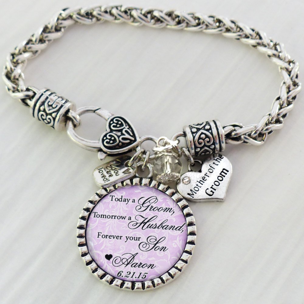 Mother of the Groom Gift, Personalized Wedding Bracelet, Message, Today a Groom, Tomorrow a Husband, Bracelet for MOG, Name and Date Jewelry