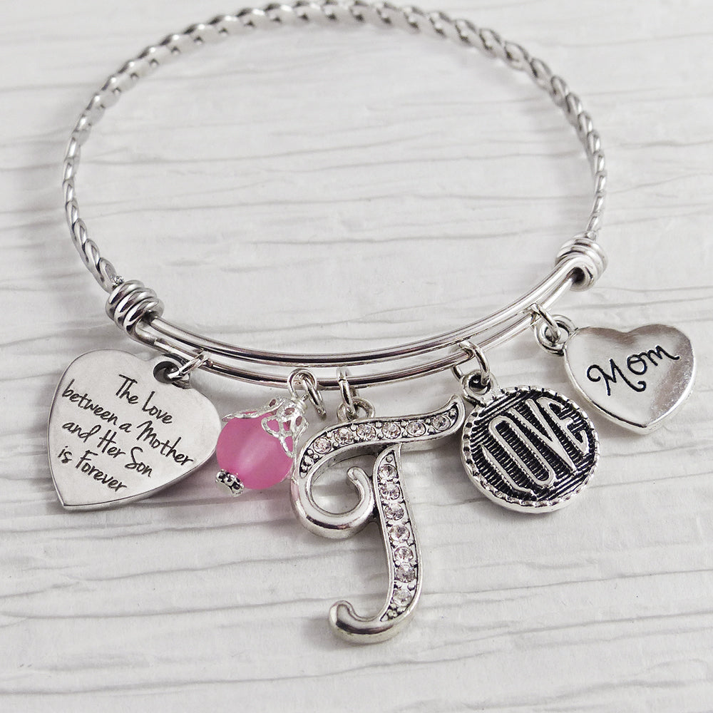 Mom from Son Gift- Personalized Bangle Bracelet-The love between mother and son is forever, Love, Mom Jewelry