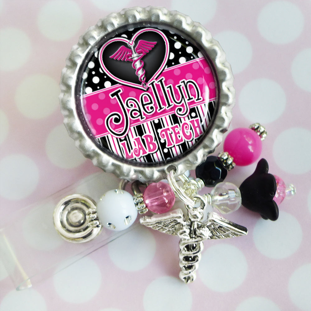 Lab Tech Badge Holder, Personalized Phlebotomist ID Badges for Nurses, NP, BSN, CNA, Retractable Holder with Name and Title