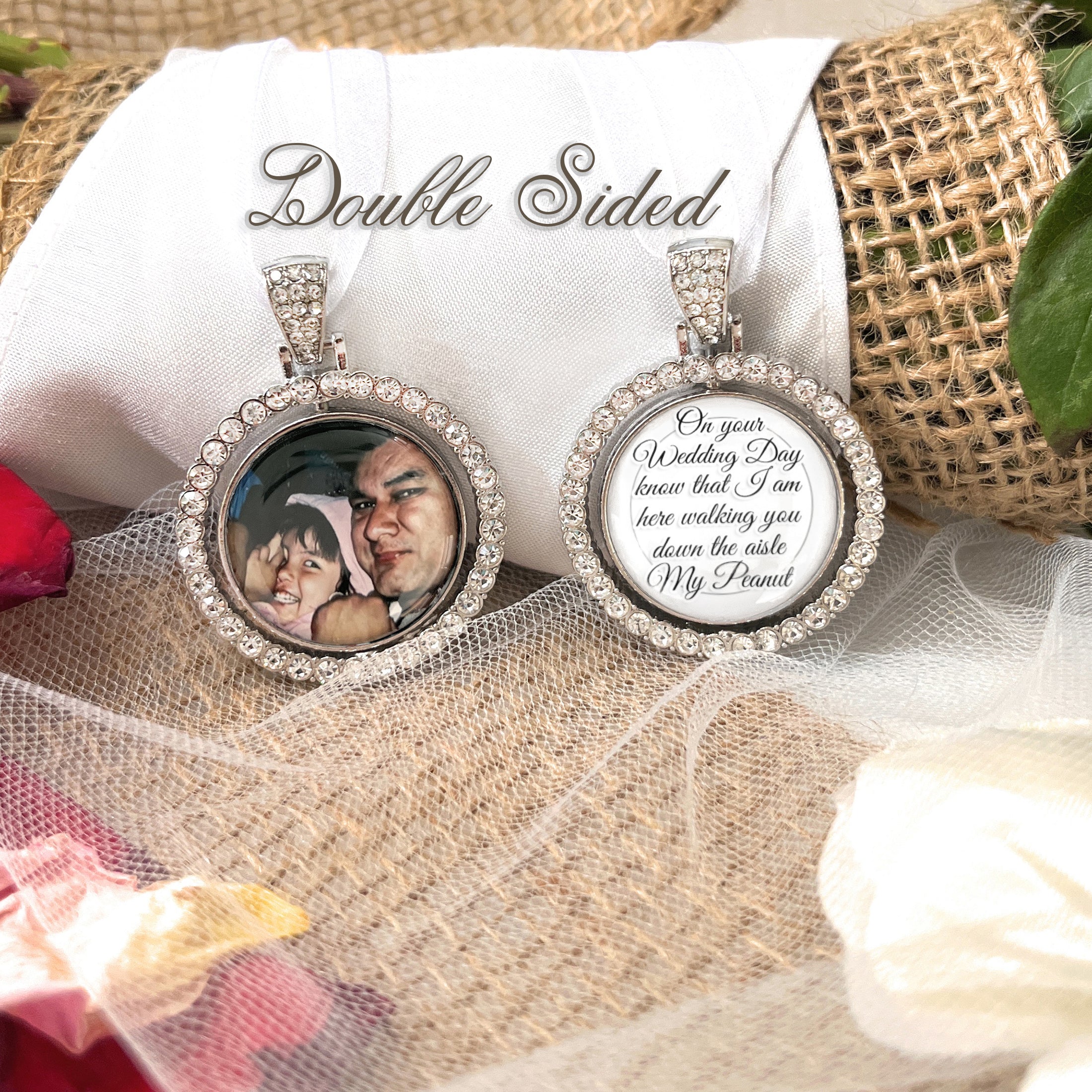 2 Two Memorial Wedding Bouquet Photo Charms with Rhinestone