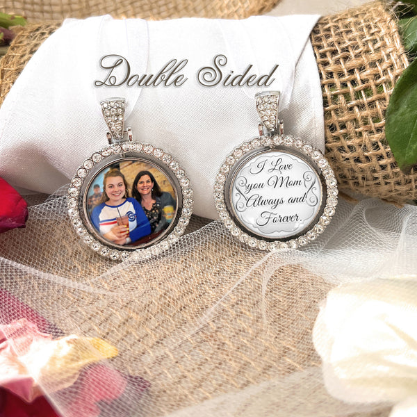 I Love You Mom Always and Forever-Bride Charm with Picture-Photo Bouquet Charm for Wedding Remembrance-Memorial Wedding Gift