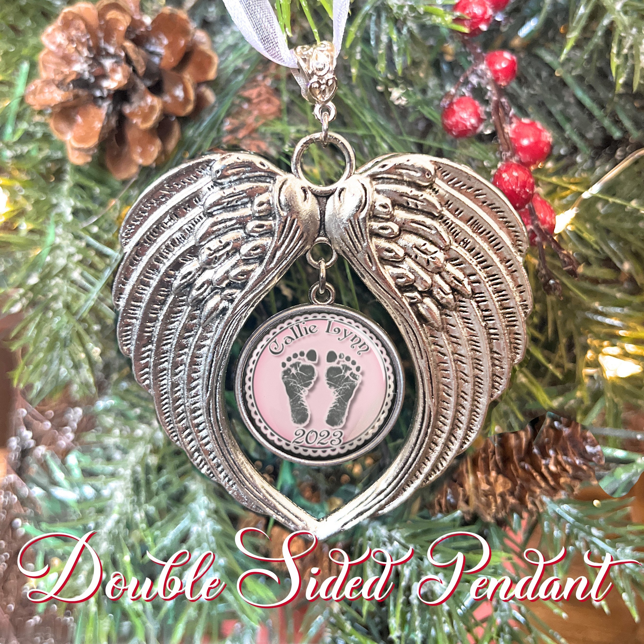silver angel wing memorial Christmas ornament with personalized pendant with baby footprints and custom baby name with date of birth for miscarriage or loss of child gift