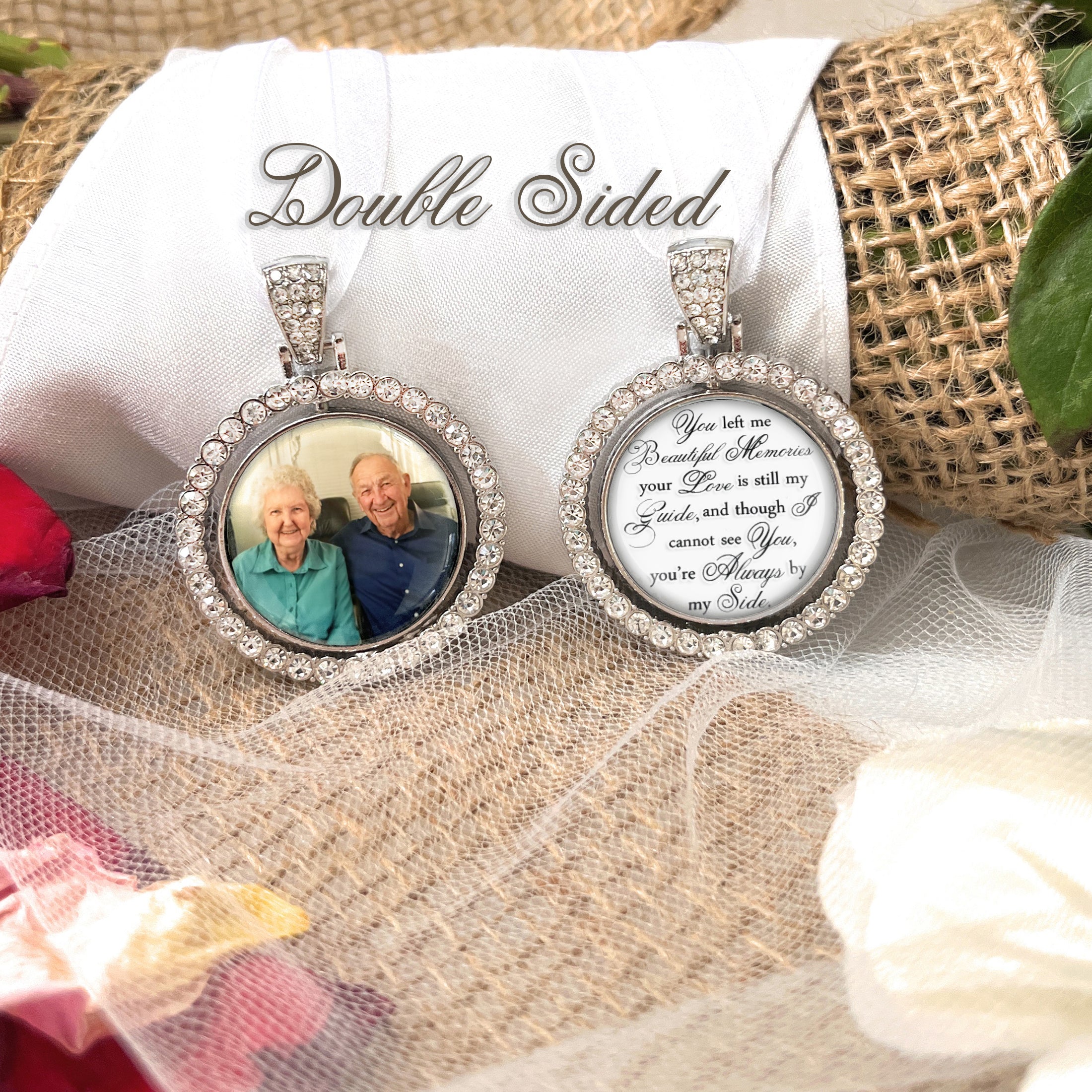 Bridal Bouquet Photo Charm Brother Beside Me Bronze Finish White Glass  Wedding Memory Pendant Memorial Remembrance Jewelry DIY Picture Template