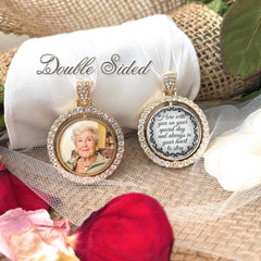Bridal Memorial Photo Bouquet Charm-double sided rotating pendant with rhinestones around edge. Center contains a custom photo (roughly 1 inch) on one side and custom saying on backside. Here with you on your special day and always in your heart to stay.